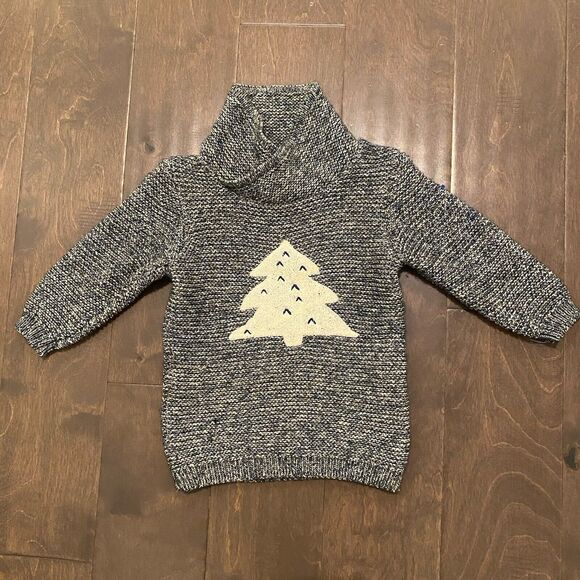 Zara Sweater Baby 9-12 Months Christmas Tree Cozy Blue Cream Terry Appliqué - Picture 3 of 12